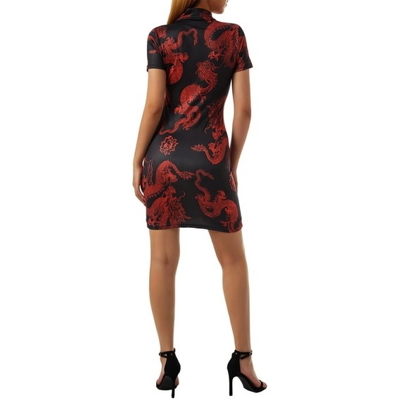 Shein Chinese Dragon Print Side Slit Qipao Dress, Sizes S & M - Picture 4 of 16